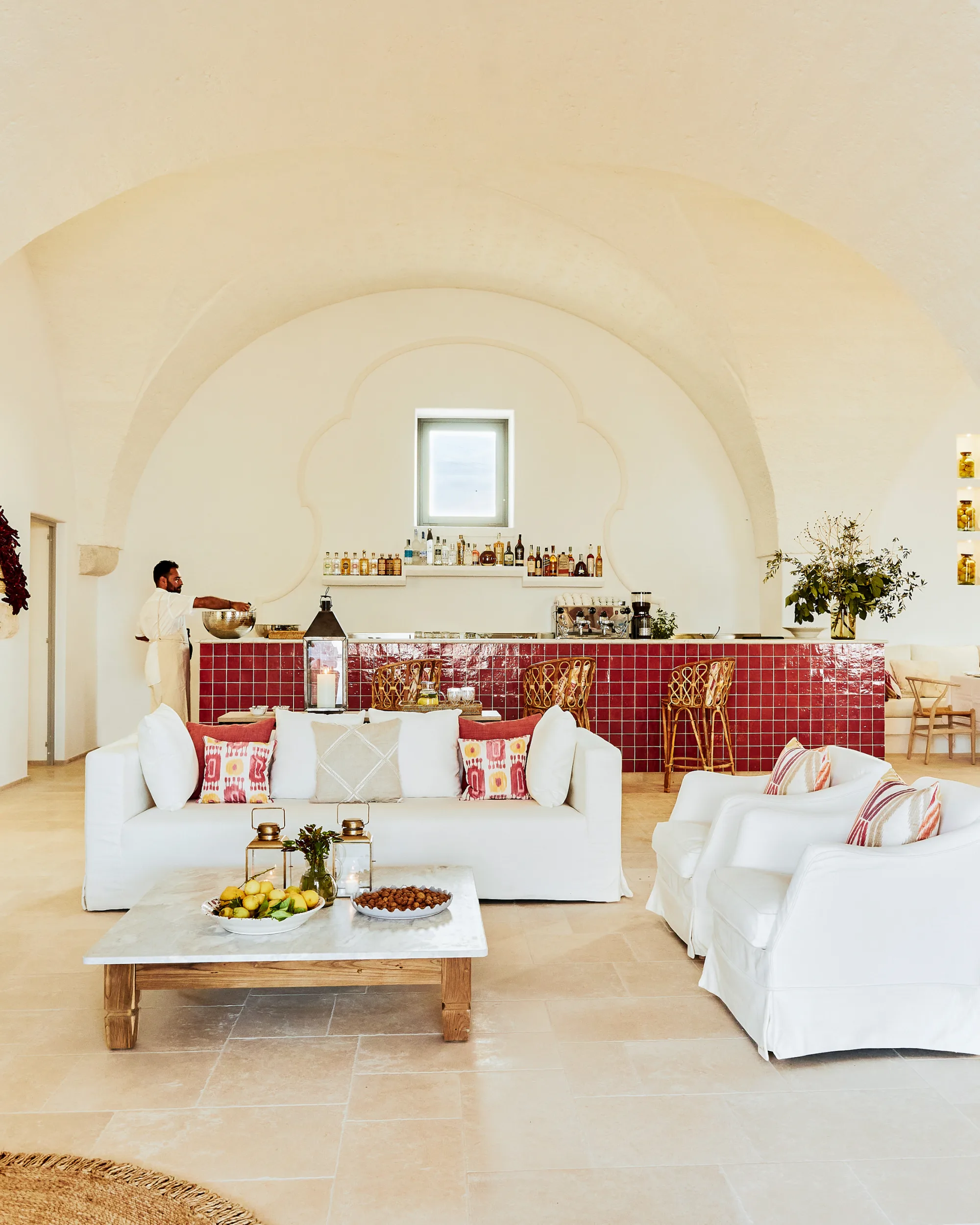 Sun loungers set in line on the terrace at Masseria Calderisi, consistent operational standards