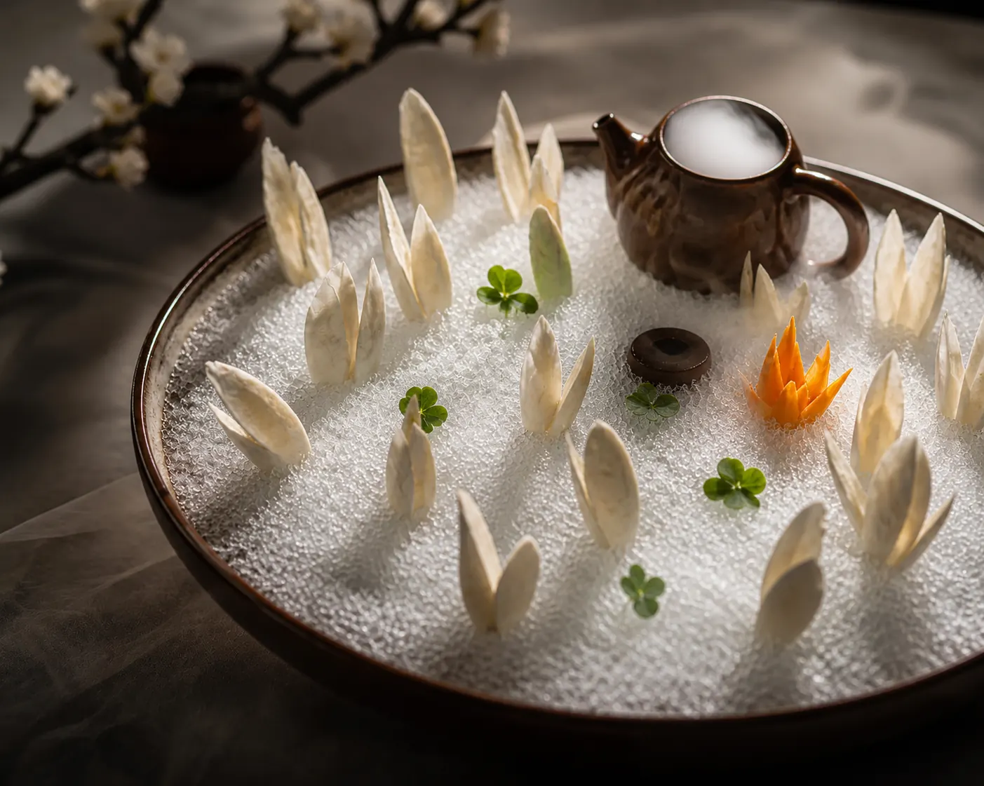 Sculptural Yunnan-inspired tasting plate — petal motifs over a still white surface, with a teapot and edible-flower garnish