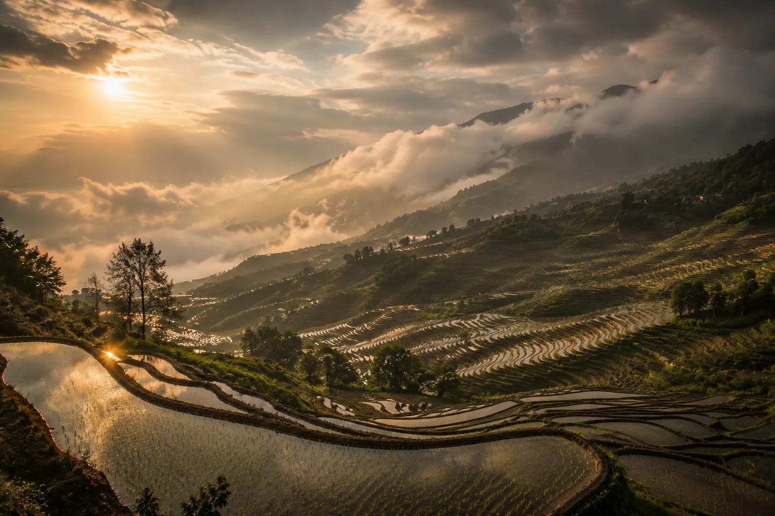 Mist drifting over Yunnan rice terraces at sunrise, evoking the region's landscape and slow rhythm