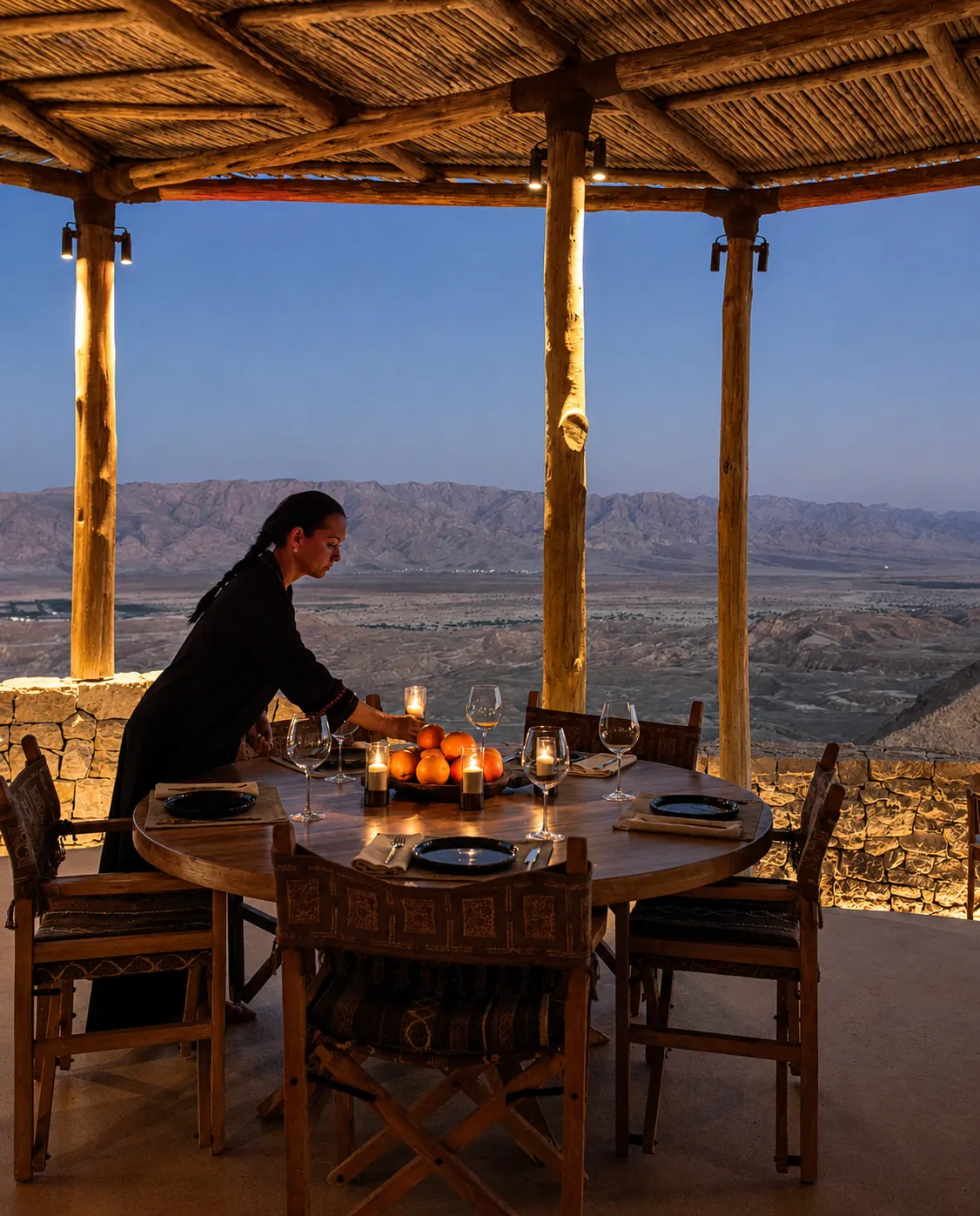Sunset dinner setting at Six Senses Shaharut, table laid under a thatched pergola overlooking the Negev